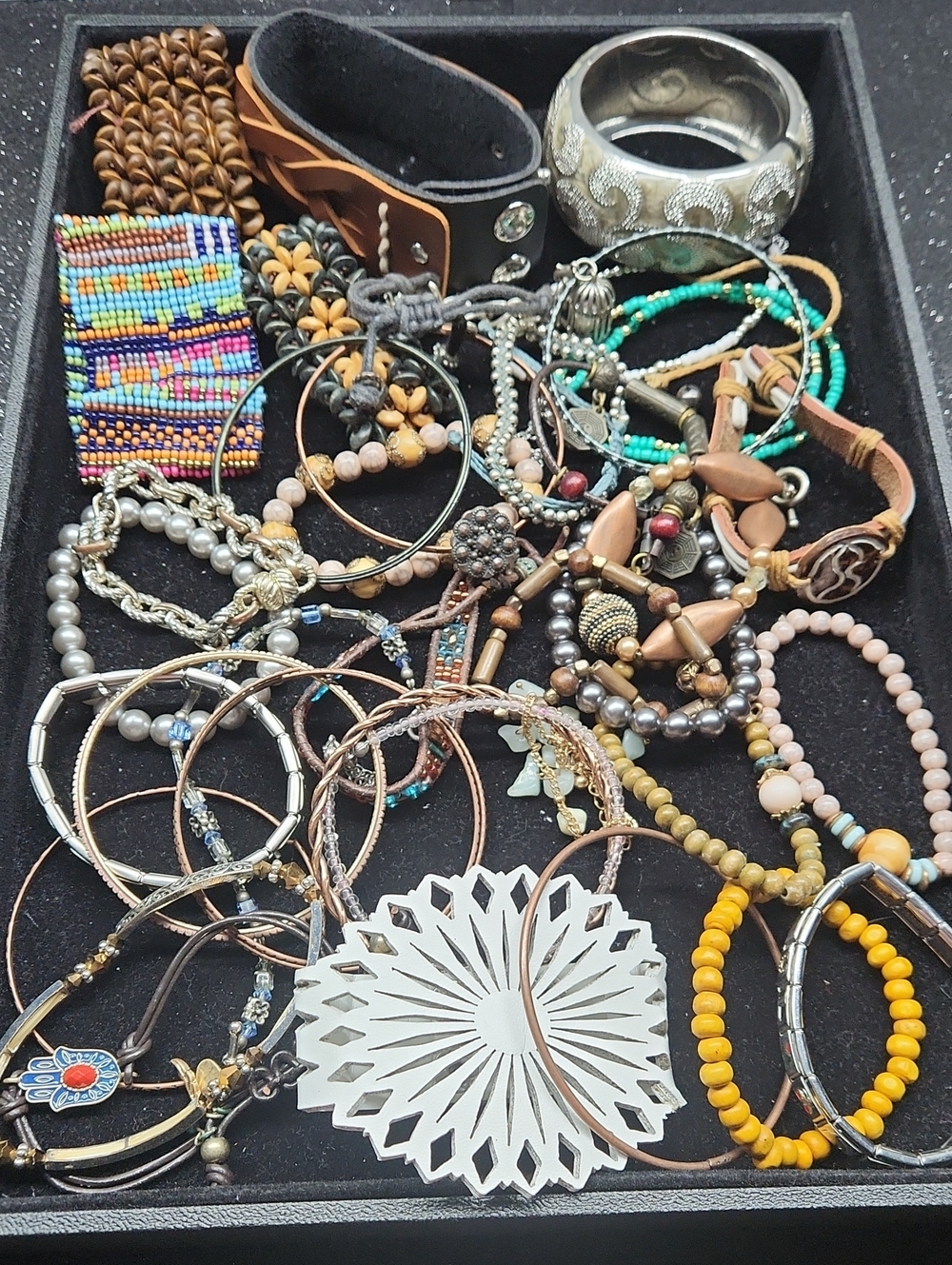 Mixed Bead and Metal Women's Bracelet Set — Yellow, Turquoise, Silver, Brown